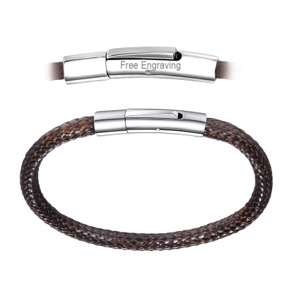 Bracelet en Cuir Tressé Personnalisé avec Fermoir Magnétique Marron Gravable