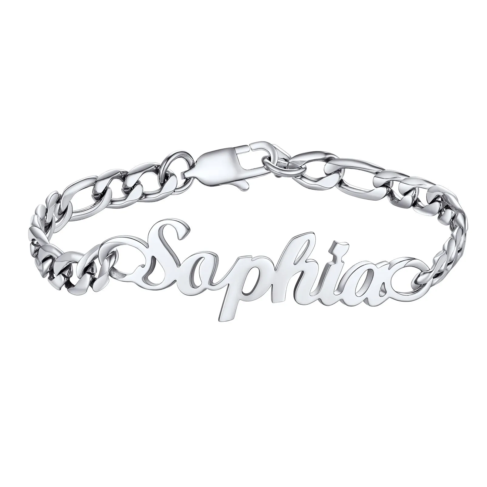  Bracelet Chaîne Figaro Personnalisé avec Prénom Argenté