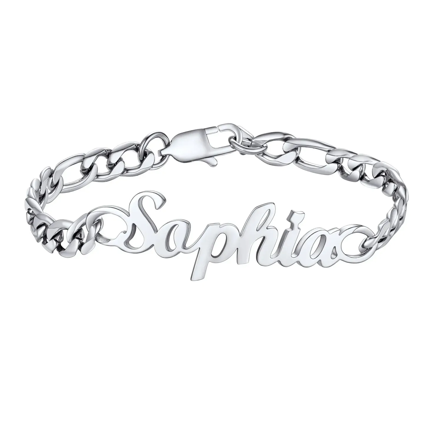  Bracelet Chaîne Figaro Personnalisé avec Prénom Argenté