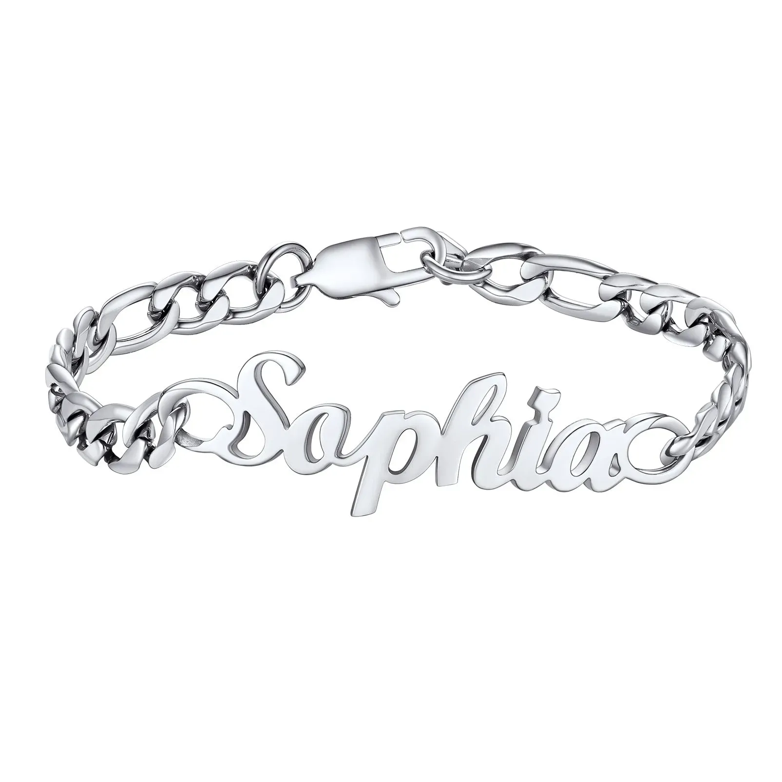  Bracelet Chaîne Figaro Personnalisé avec Prénom Argenté