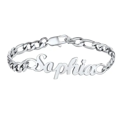  Bracelet Chaîne Figaro Personnalisé avec Prénom Argenté