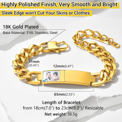 Bracelet Photo Personnalisable en Acier Inoxydable 316L pour Homme Taille