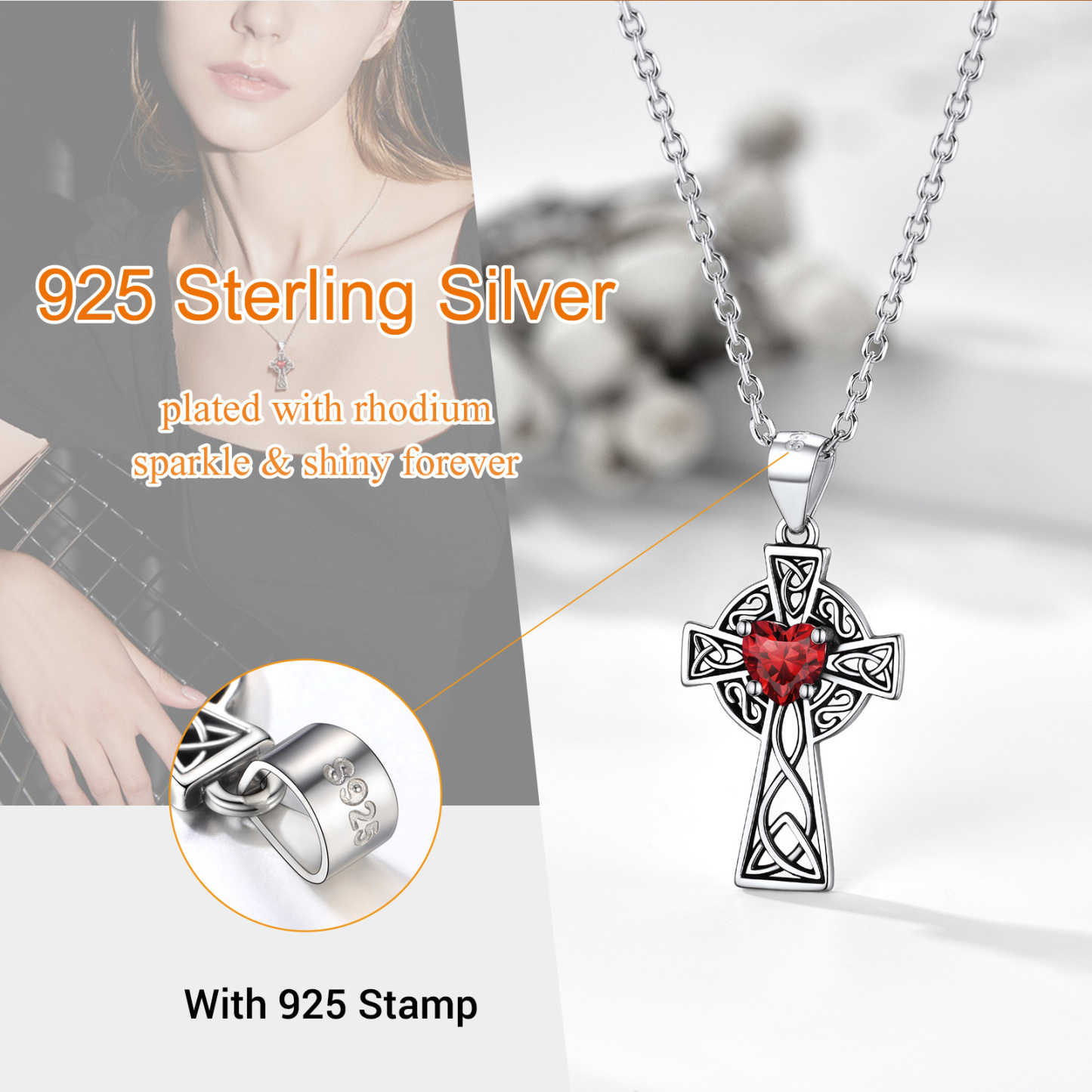 Collier Croix en Argent Sterling avec Pierre de Naissance pour Femme Détail