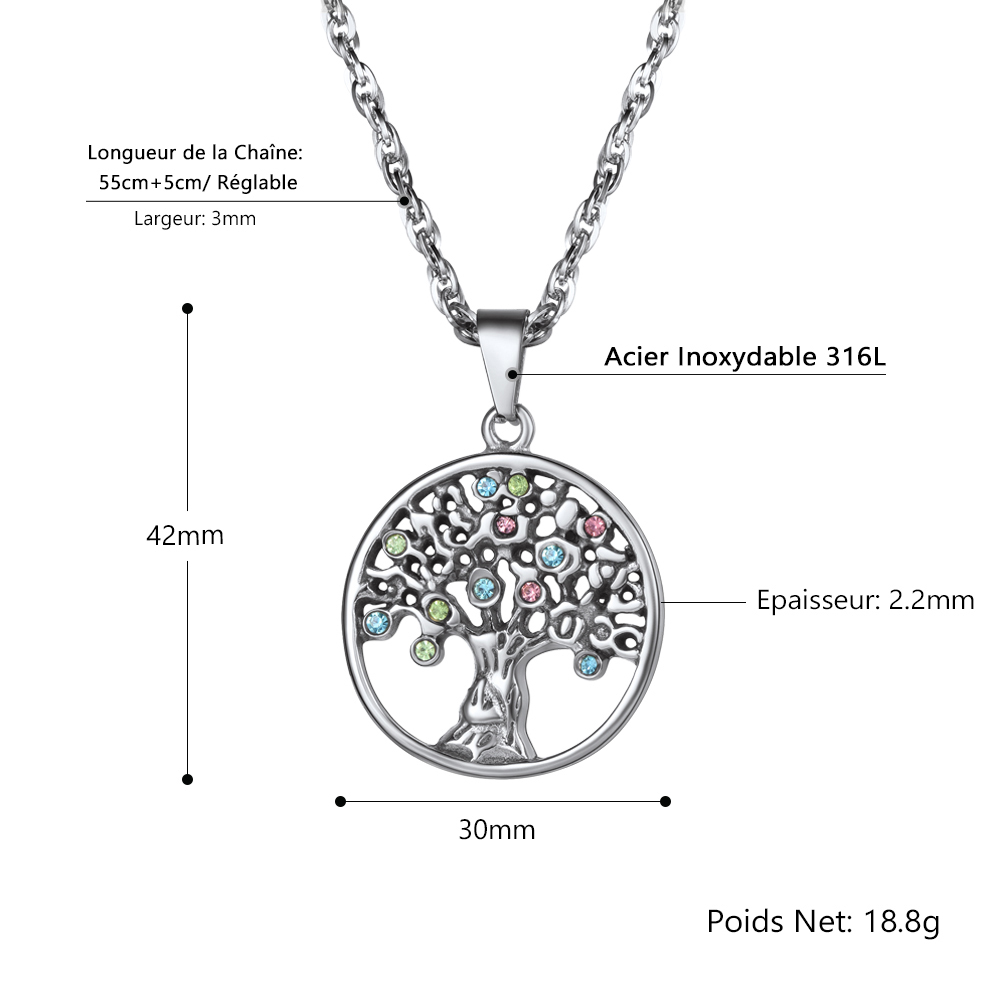 Collier Arbre de Vie en Acier Inoxydable avec Pierres Colorées Taille