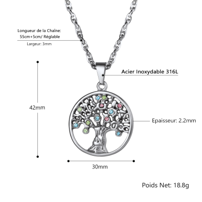 Collier Arbre de Vie en Acier Inoxydable avec Pierres Colorées Taille