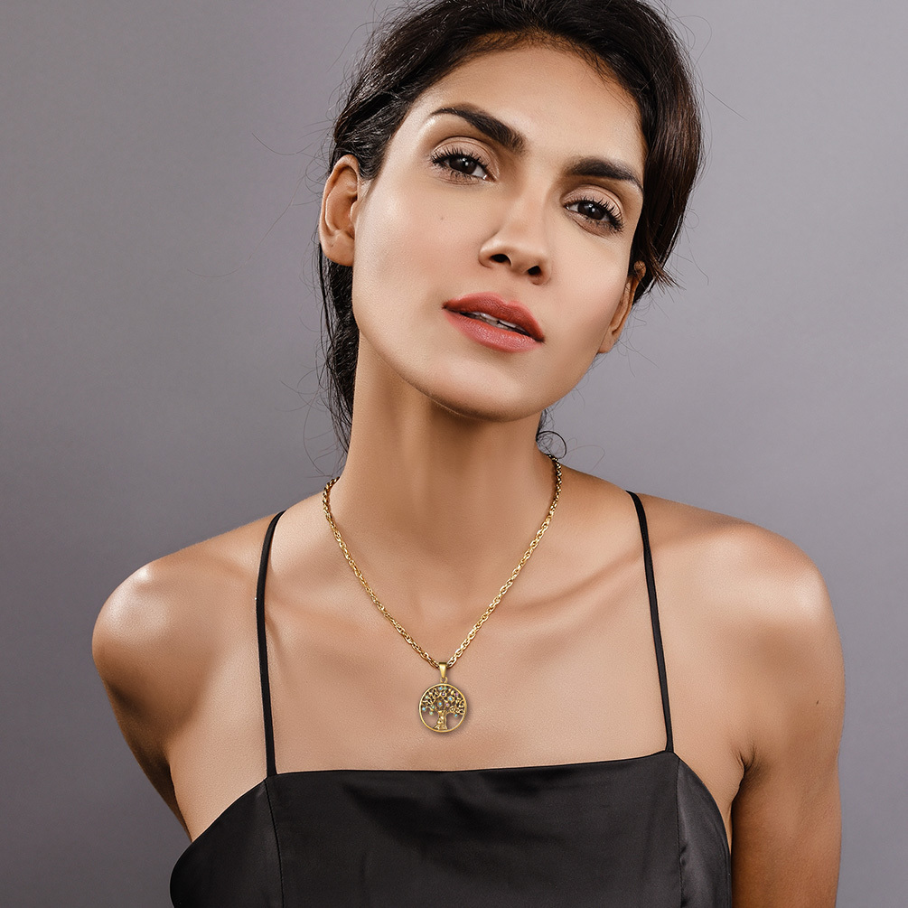 Collier Arbre de Vie en Acier Inoxydable avec Pierres Colorées Or