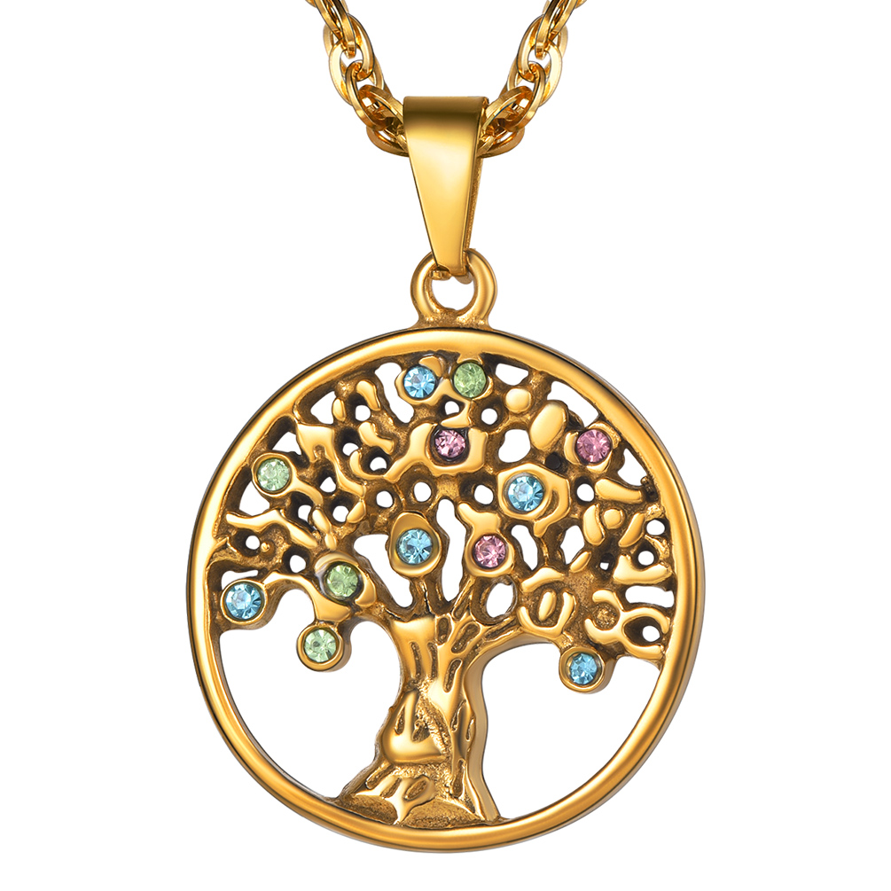 Collier Arbre de Vie en Acier Inoxydable avec Pierres Colorées Or