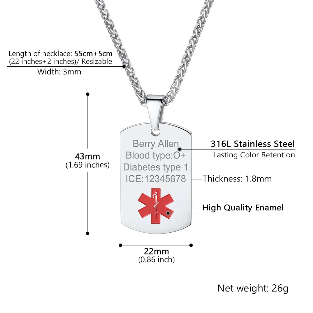 Collier Médical Personnalisé avec Plaque d’Identité Gravée Taille
