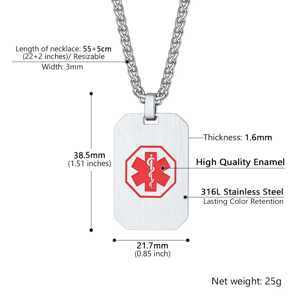 Collier Médical Personnalisé avec Gravure ID d'Urgence en Acier Inoxydable Taille