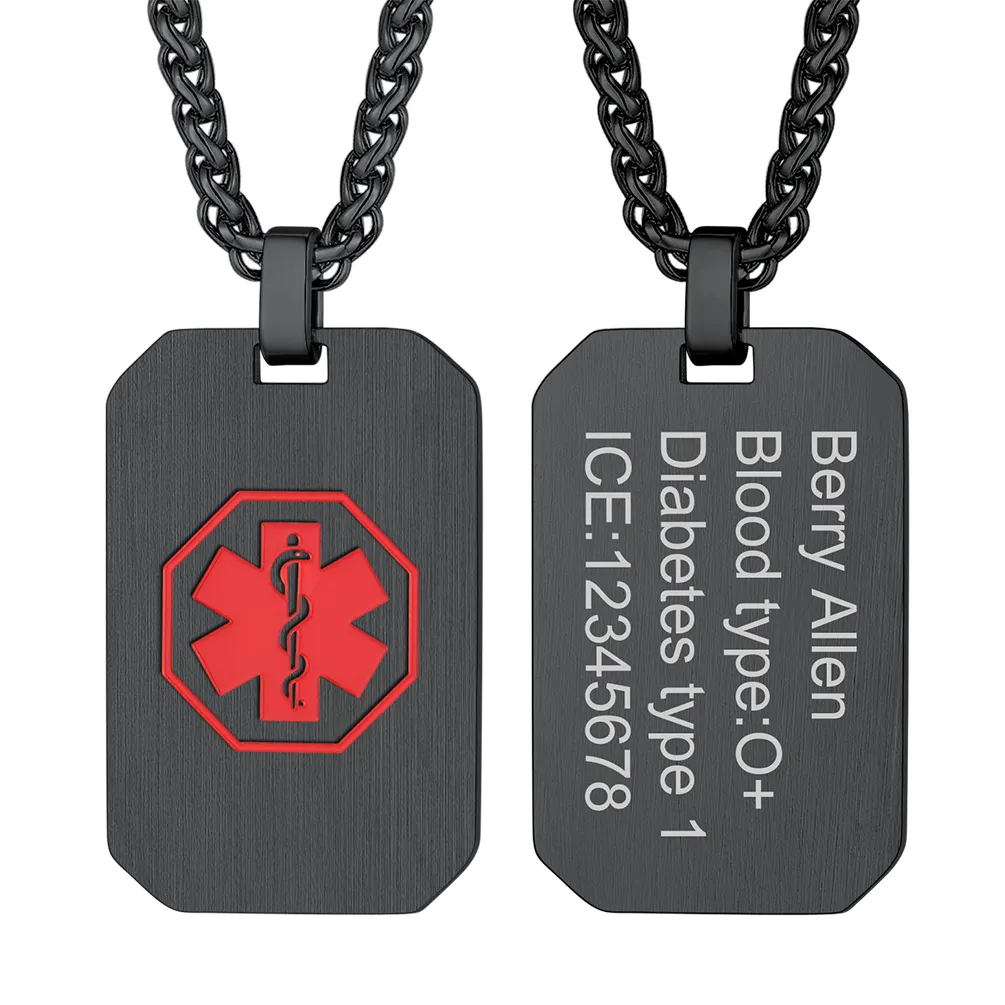 Collier Médical Personnalisé avec Gravure ID d'Urgence en Acier Inoxydable Noir