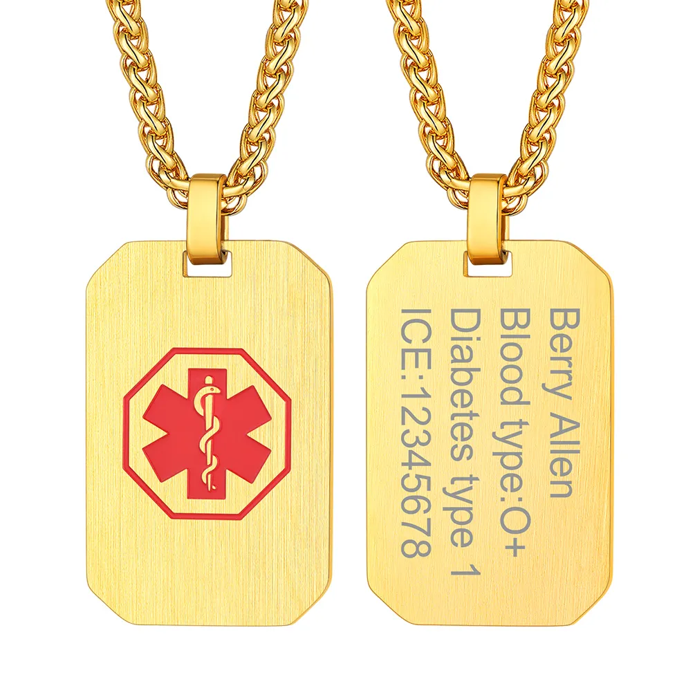 Collier Médical Personnalisé avec Gravure ID d'Urgence en Acier Inoxydable Or