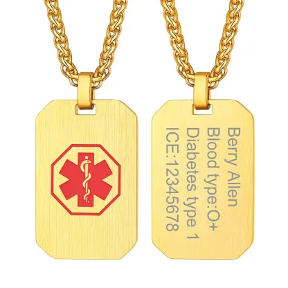 Collier Médical Personnalisé avec Gravure ID d'Urgence en Acier Inoxydable Or