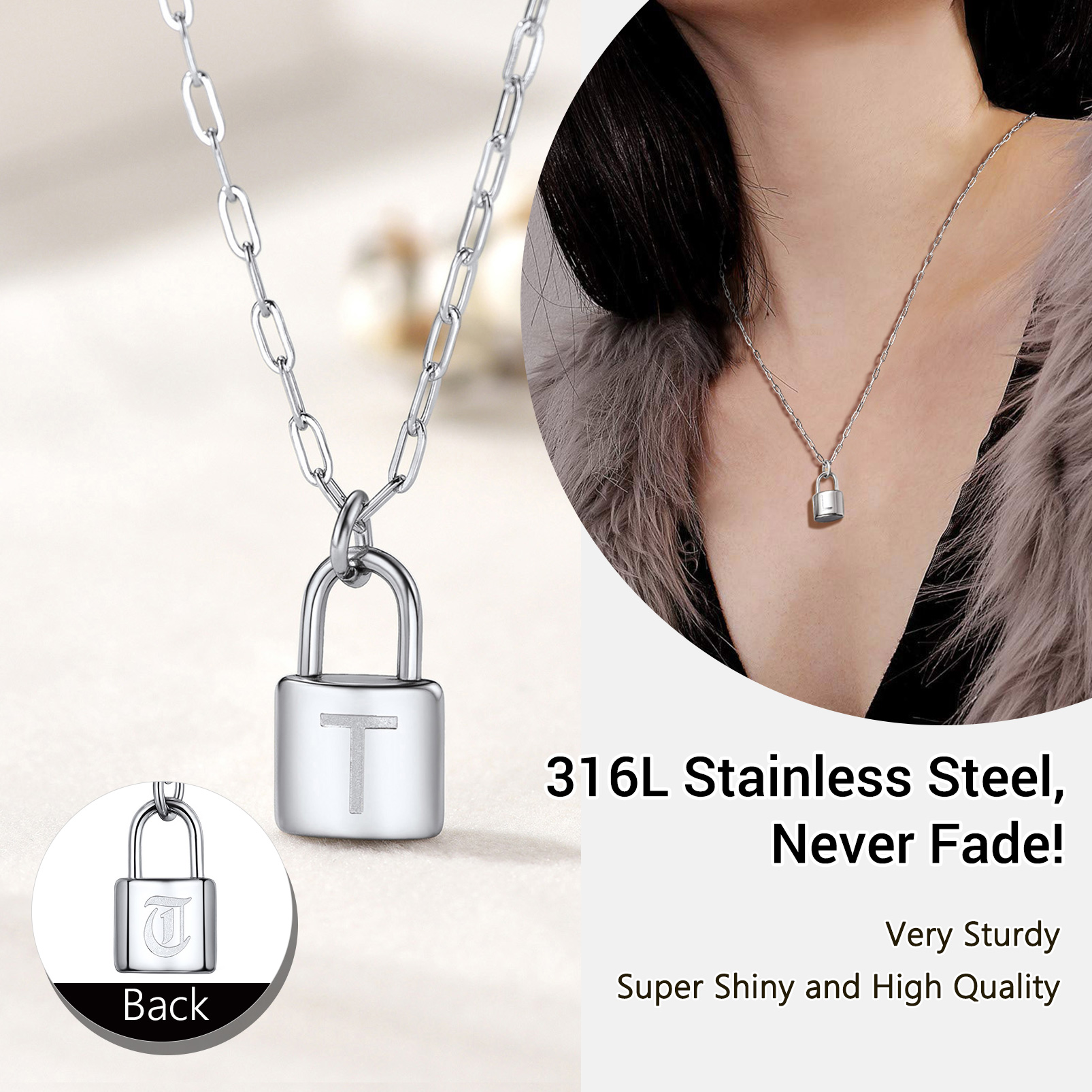 Collier Initiale Cadenas en Acier Inoxydable pour Femme