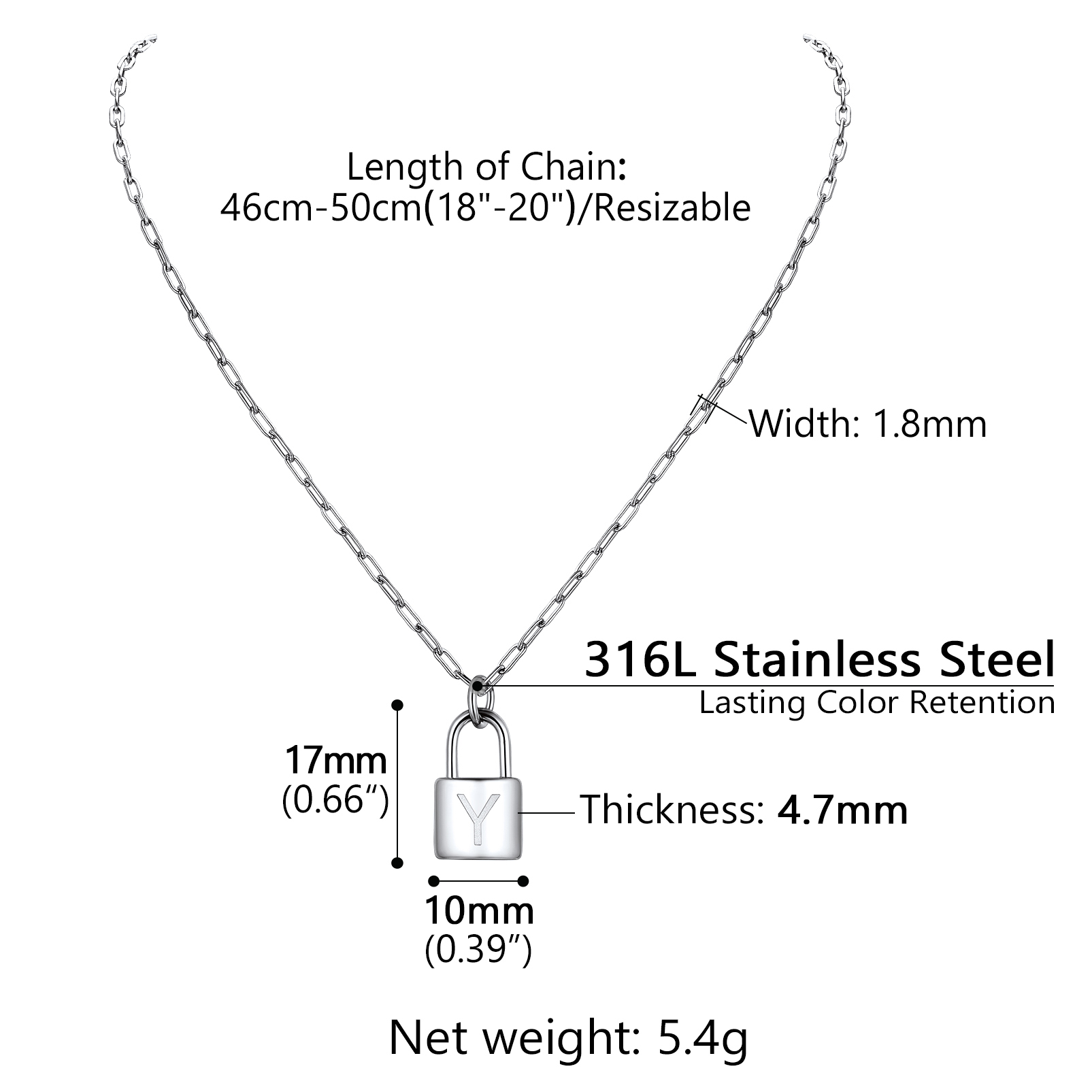 Collier Initiale Cadenas en Acier Inoxydable pour Femme Taille