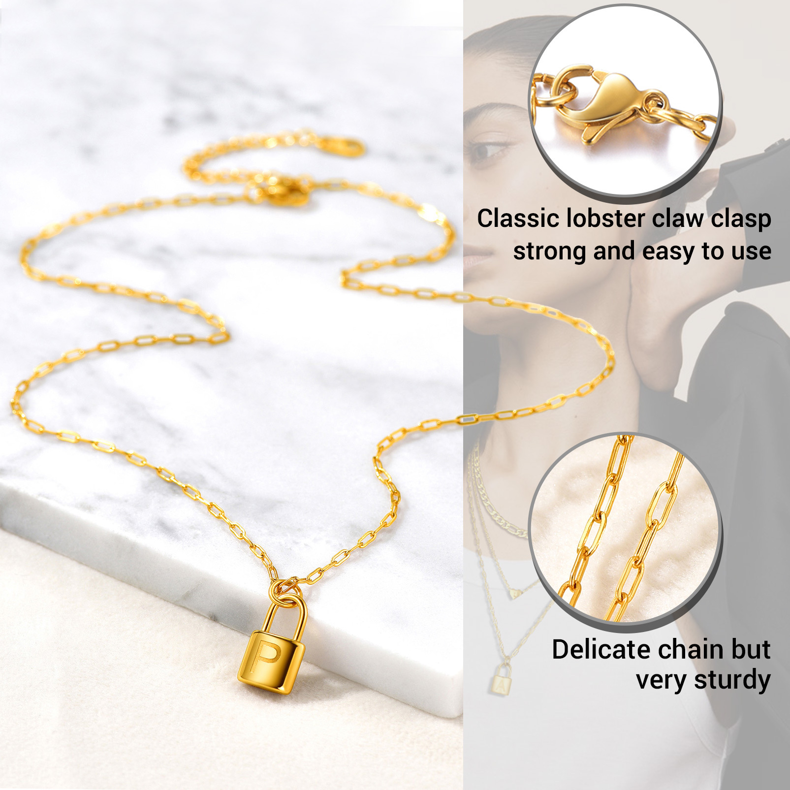 Collier Initiale Cadenas en Acier Inoxydable pour Femme Detail