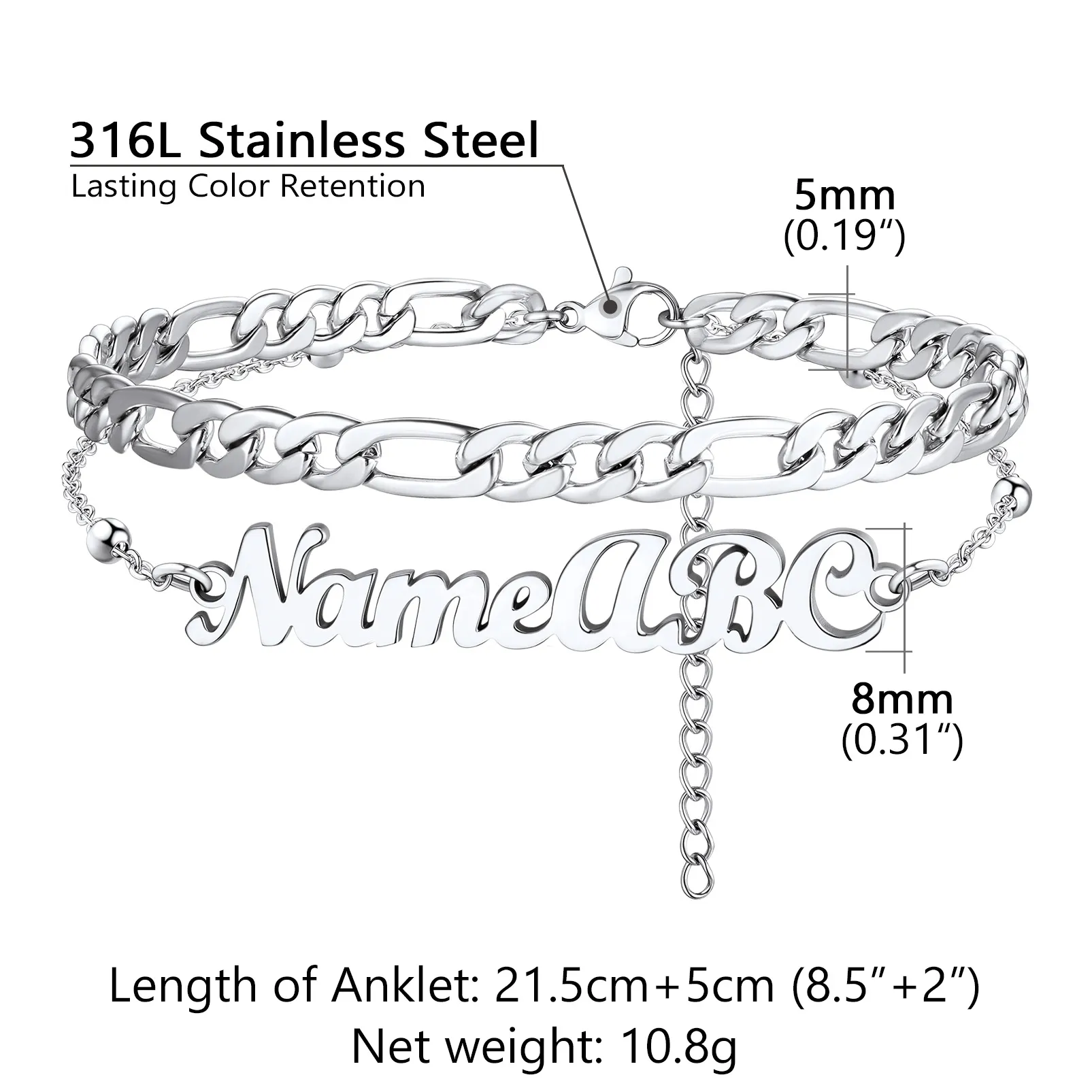 Chevillière Personnalisée Avec Chaîne Figaro Pour Femme Taille