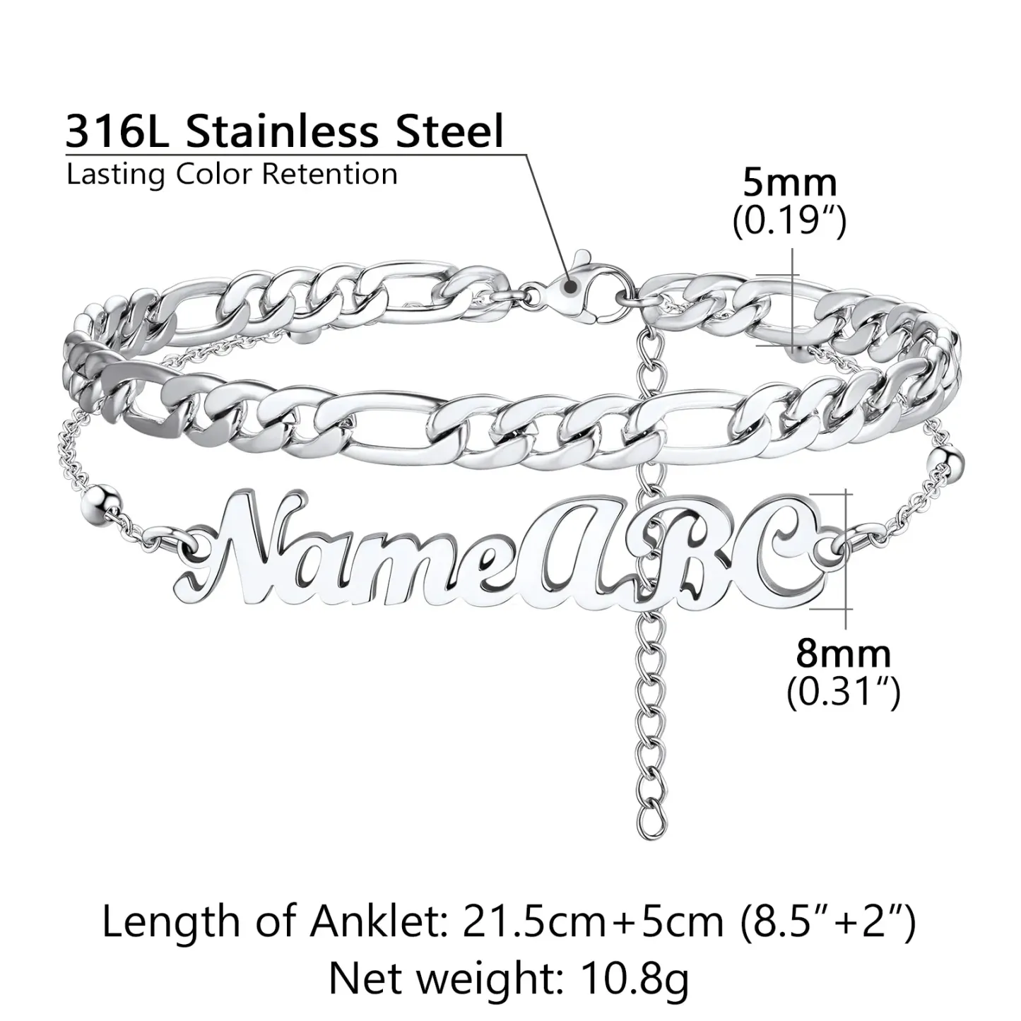 Chevillière Personnalisée Avec Chaîne Figaro Pour Femme Taille