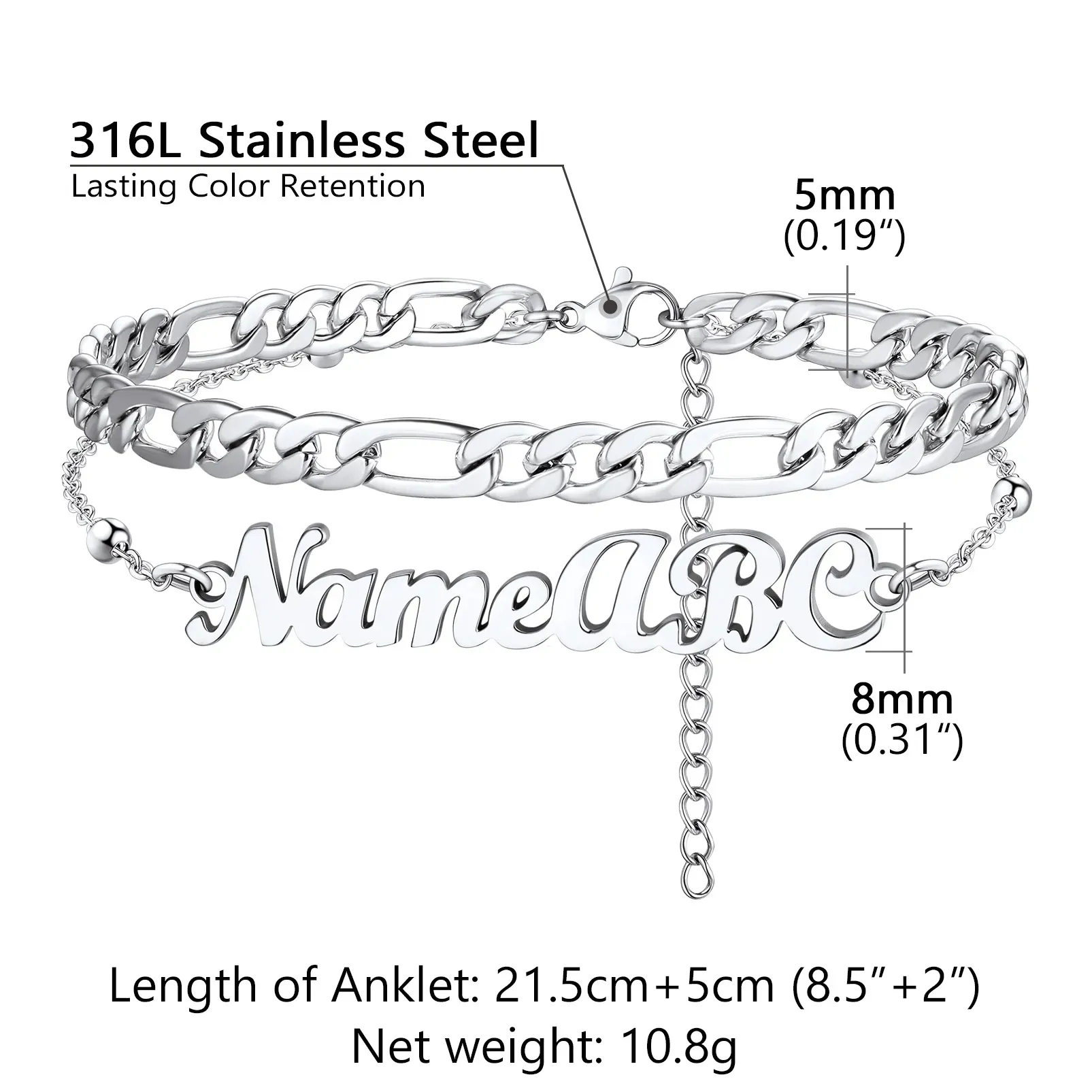 Chevillière Personnalisée Avec Chaîne Figaro Pour Femme Taille