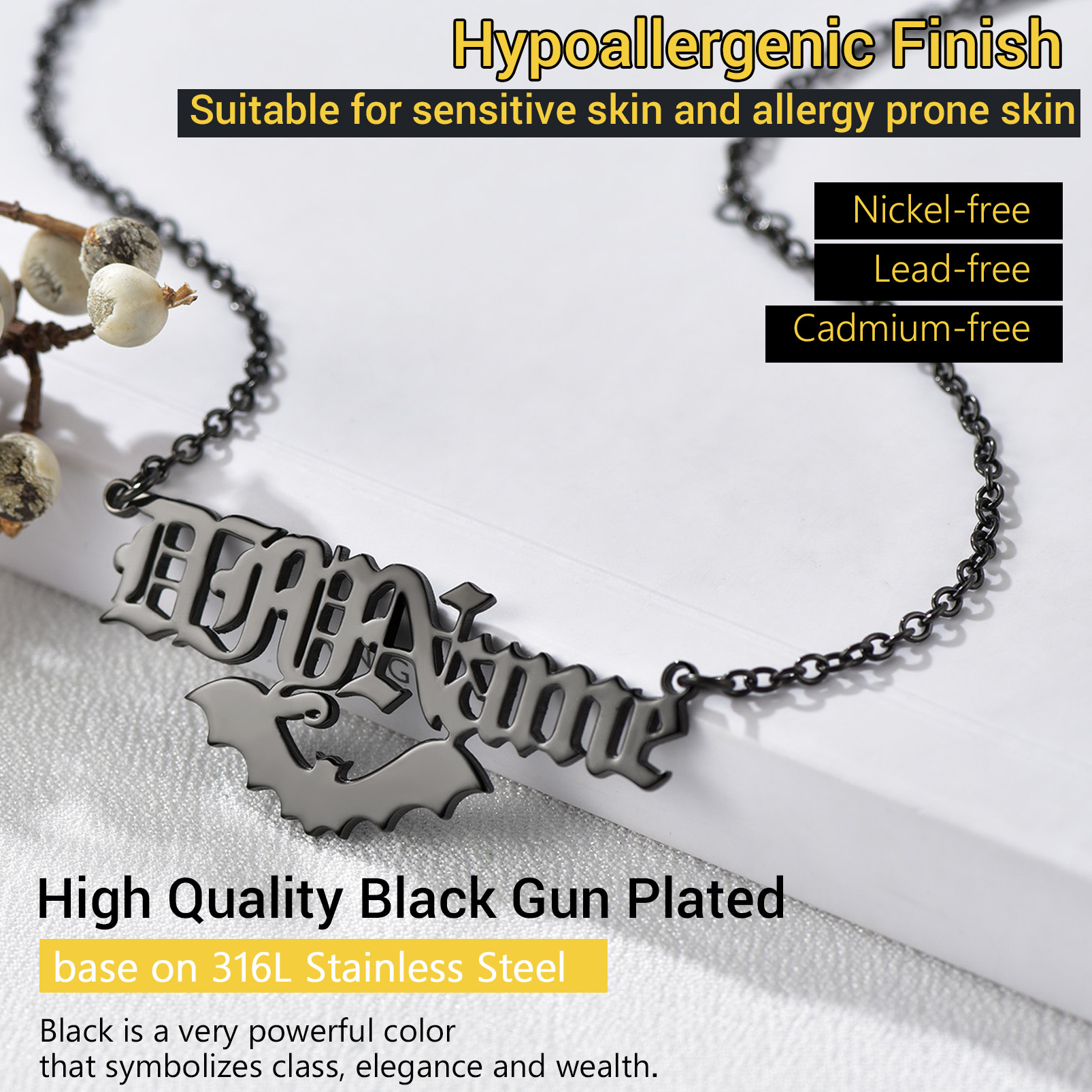 Collier gothique personnalisé Halloween avec pendentif chauve-souris Détail