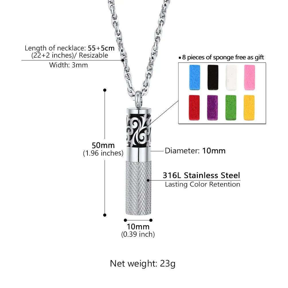 Collier Parfum Cylindre Gravé pour Diffuseur d'Huiles Essentielles Taille