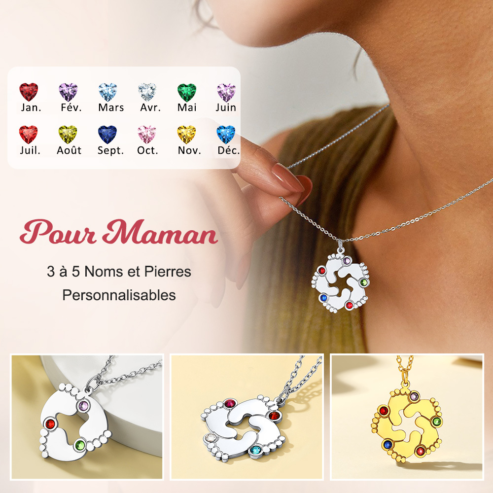 Collier Personnalisé Pieds de Bébé avec 3-5 Pierres de naissance