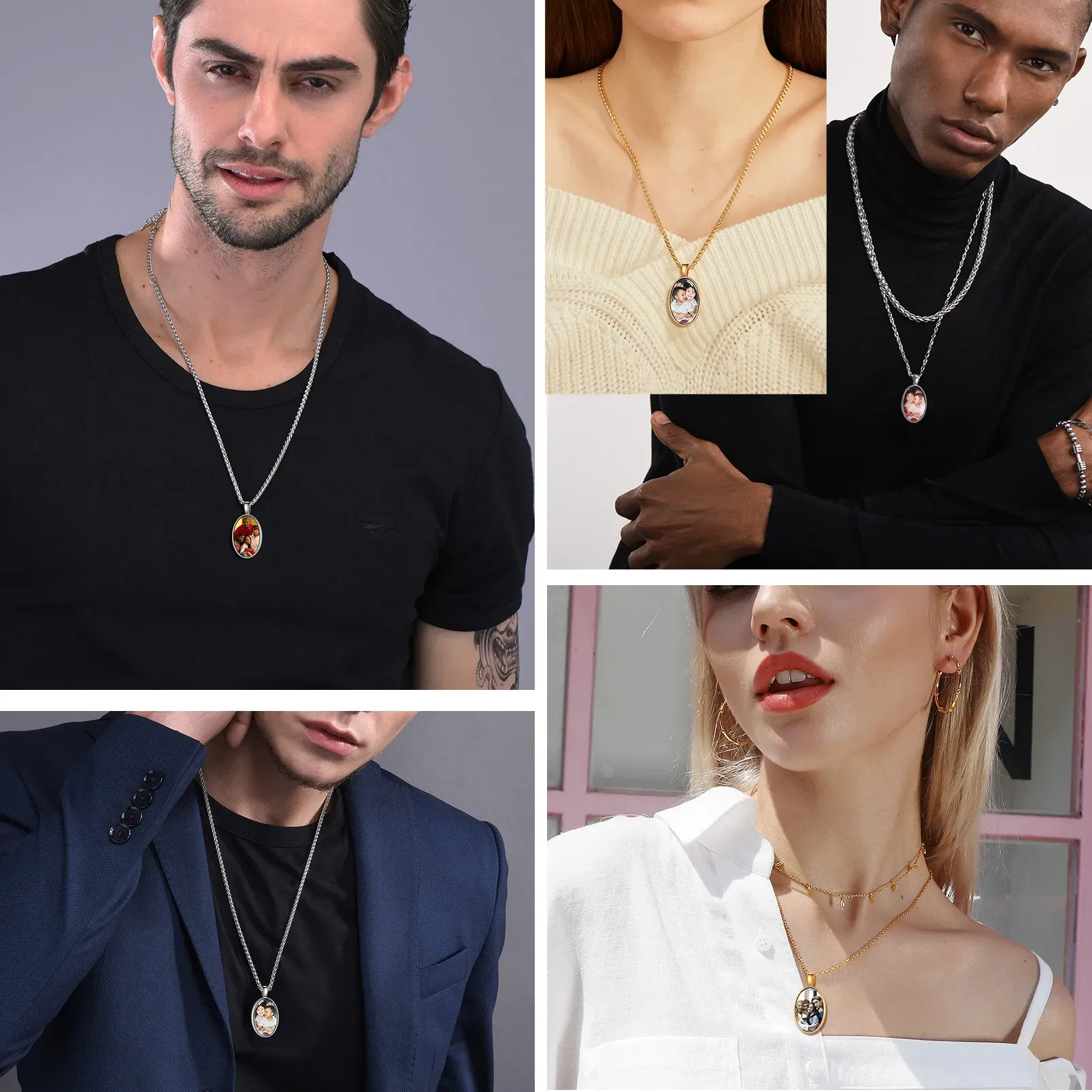 Collier Pendentif Unisexe Ovale avec Photo Gravée Personnalisée 