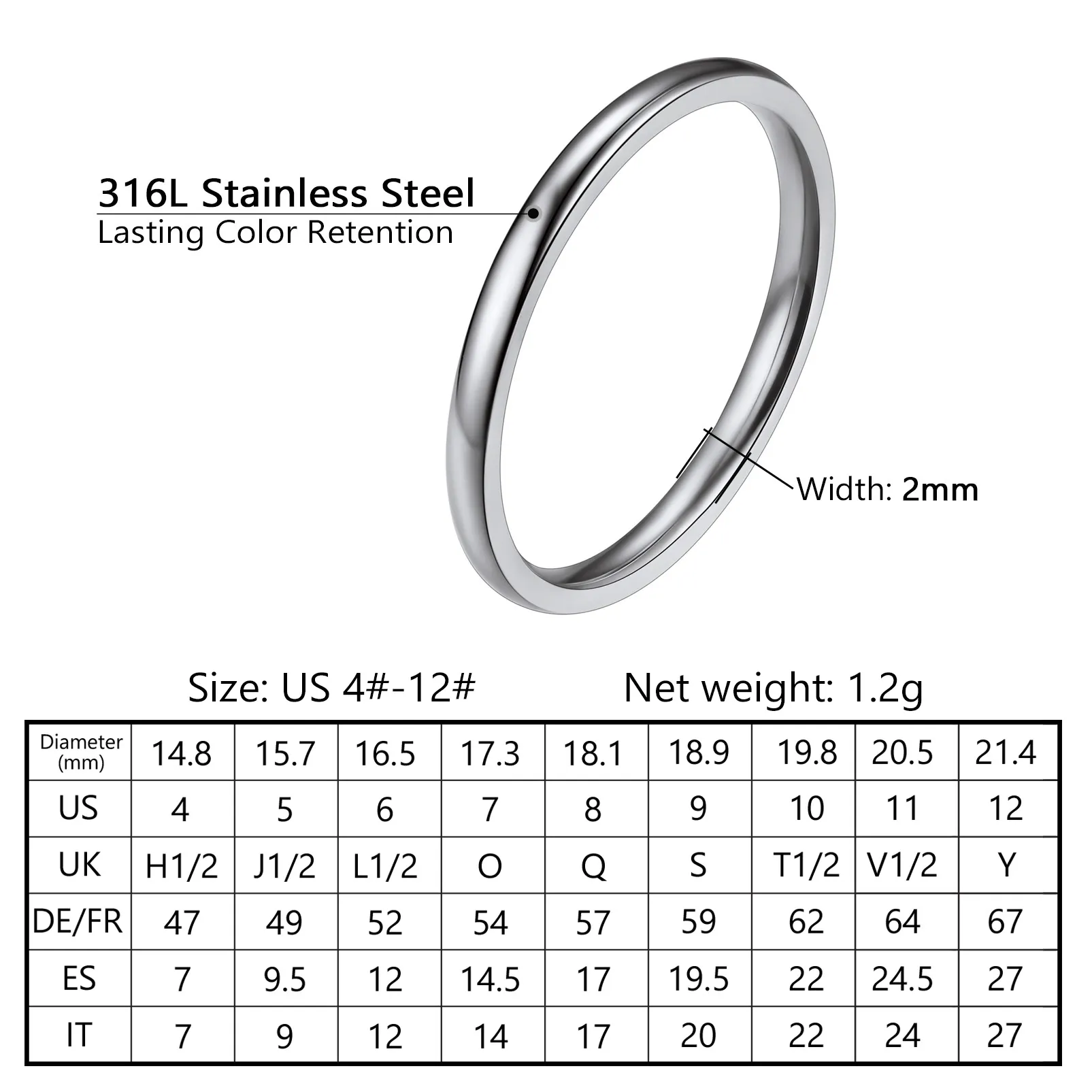 Bague Simple Personnalisée en Acier Inoxydable pour Mariage 2mm