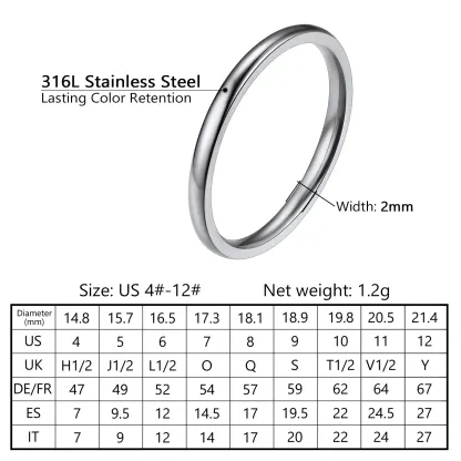 Bague Simple Personnalisée en Acier Inoxydable pour Mariage 2mm