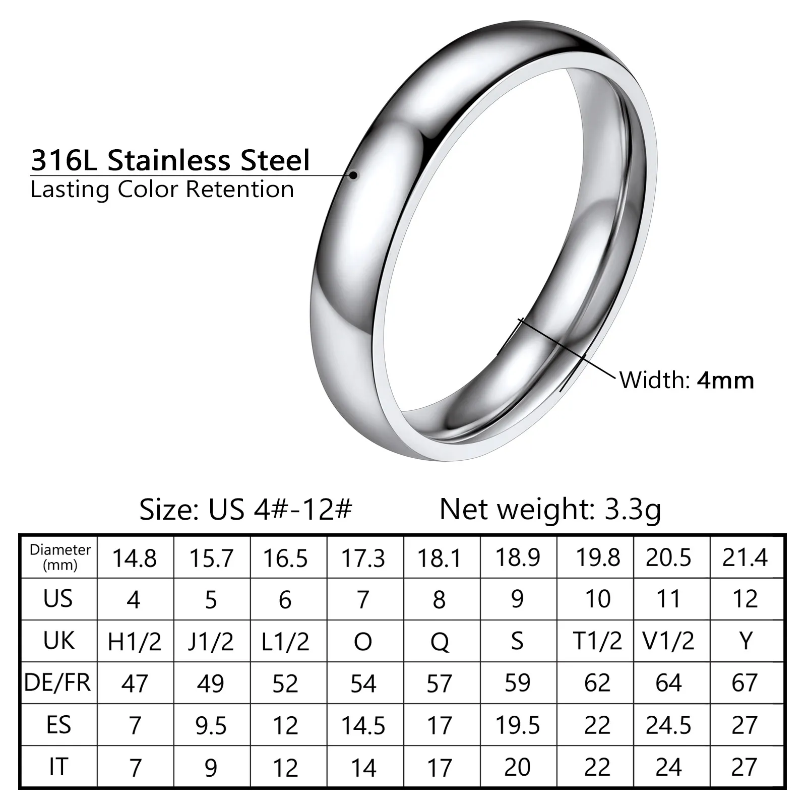 Bague Simple Personnalisée en Acier Inoxydable pour Mariage 4mm