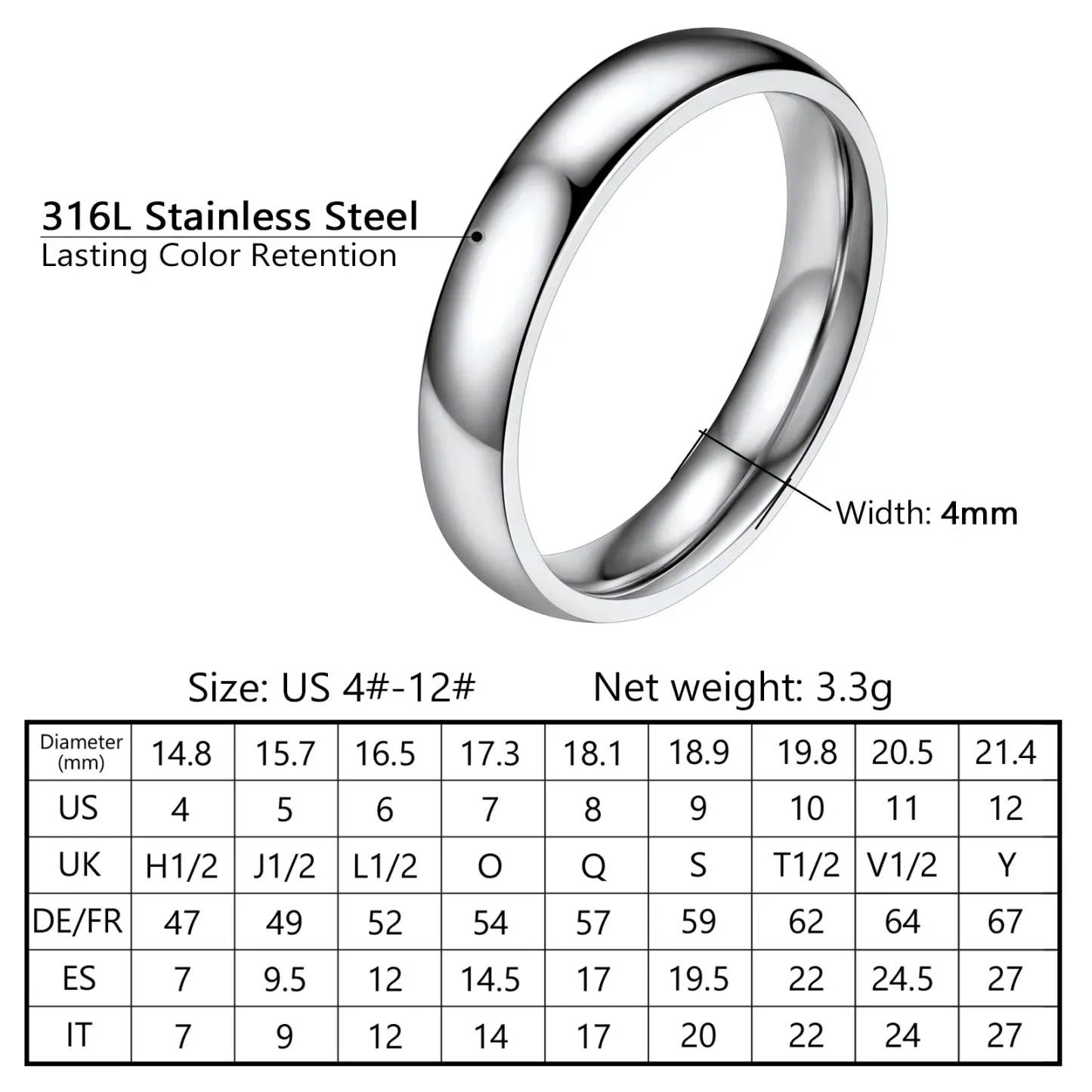 Bague Simple Personnalisée en Acier Inoxydable pour Mariage 4mm