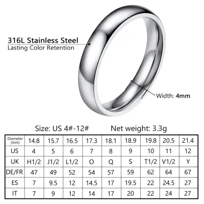 Bague Simple Personnalisée en Acier Inoxydable pour Mariage 4mm