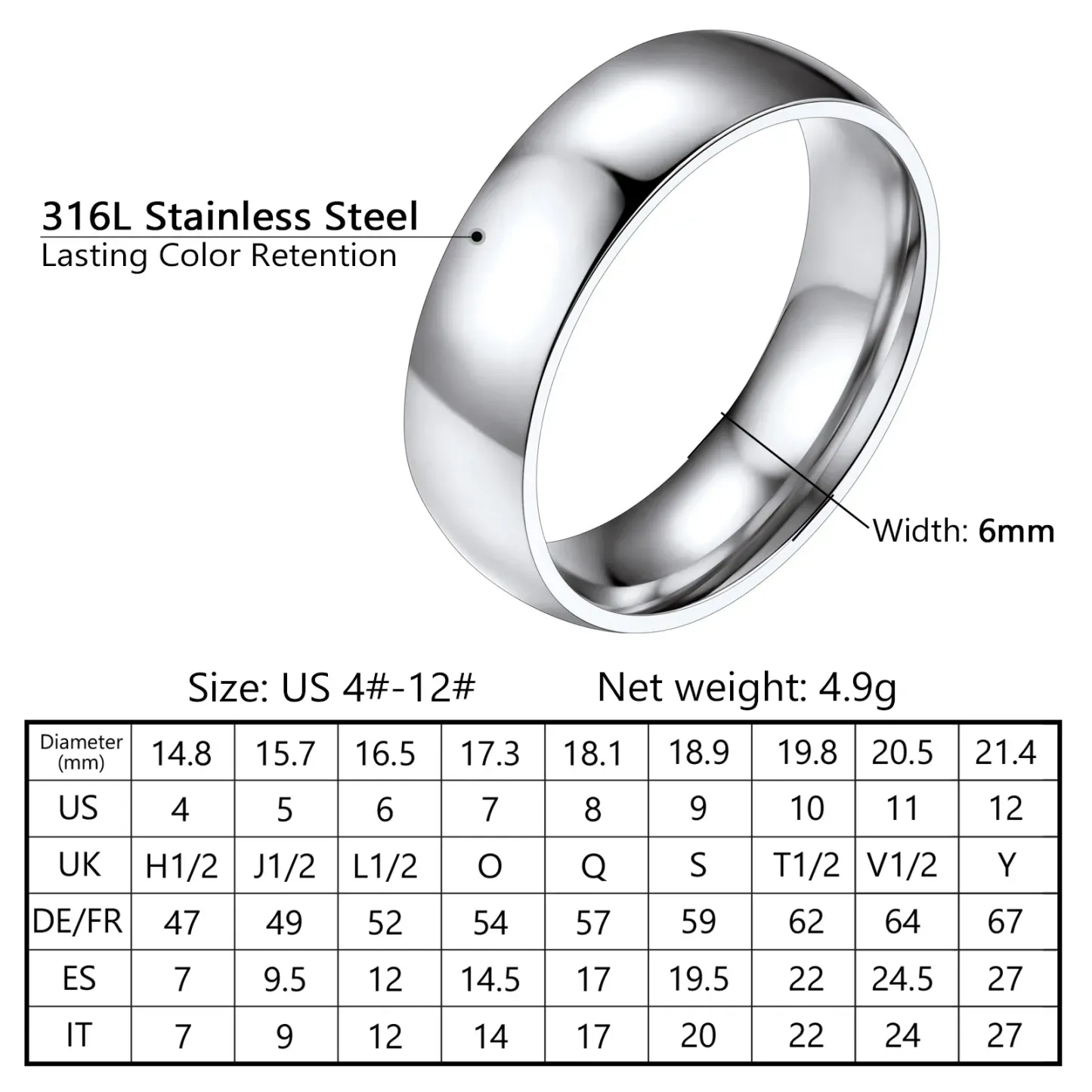 Bague Simple Personnalisée en Acier Inoxydable pour Mariage 6mm