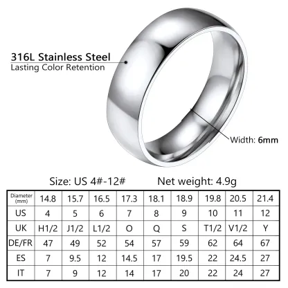 Bague Simple Personnalisée en Acier Inoxydable pour Mariage 6mm