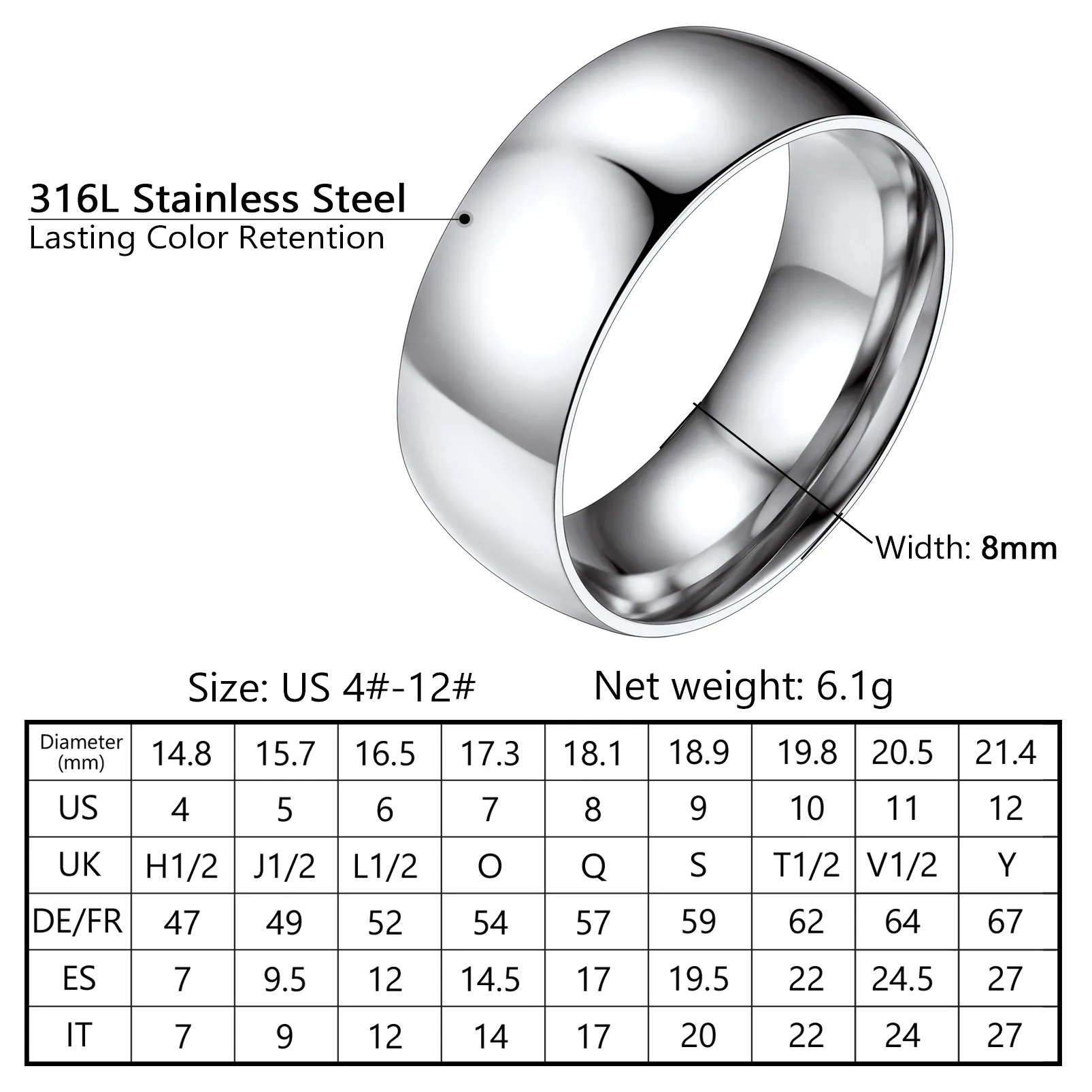 Bague Simple Personnalisée en Acier Inoxydable pour Mariage Taille 8mm