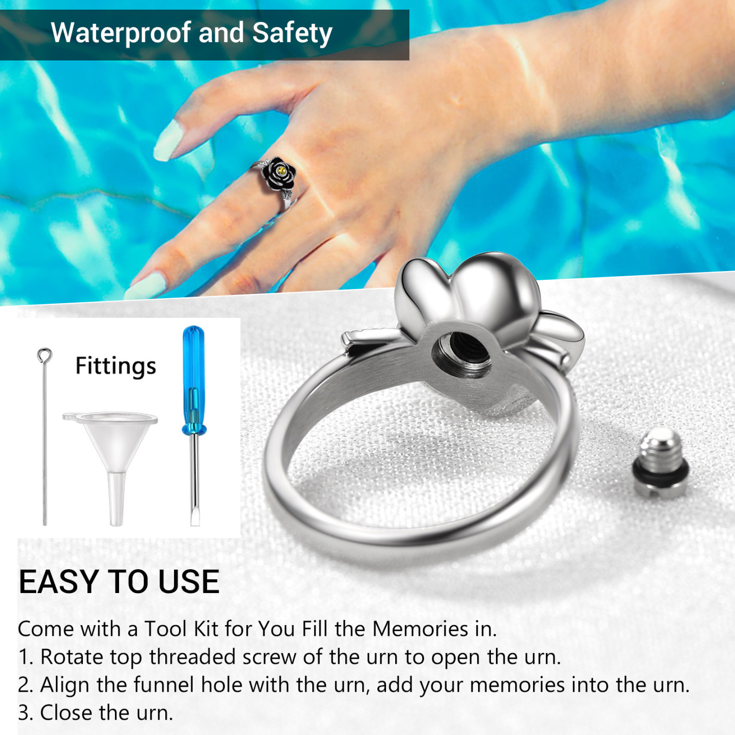 Bague Urne Commémorative Rose avec Pierre de Naissance pour Cendres étanche 