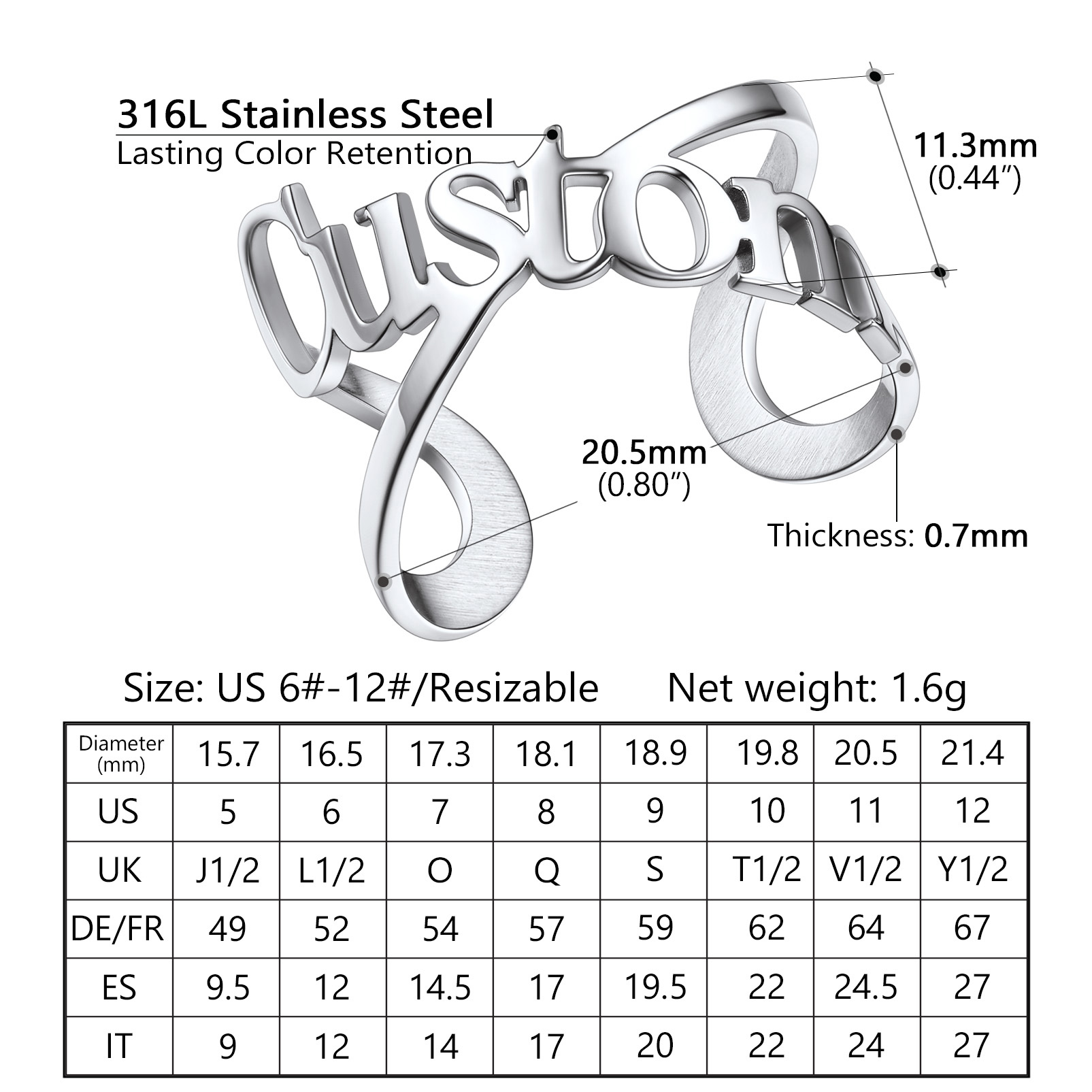 Bague Personnalisée Ajustable Bijou Mémorial pour Femme Taille