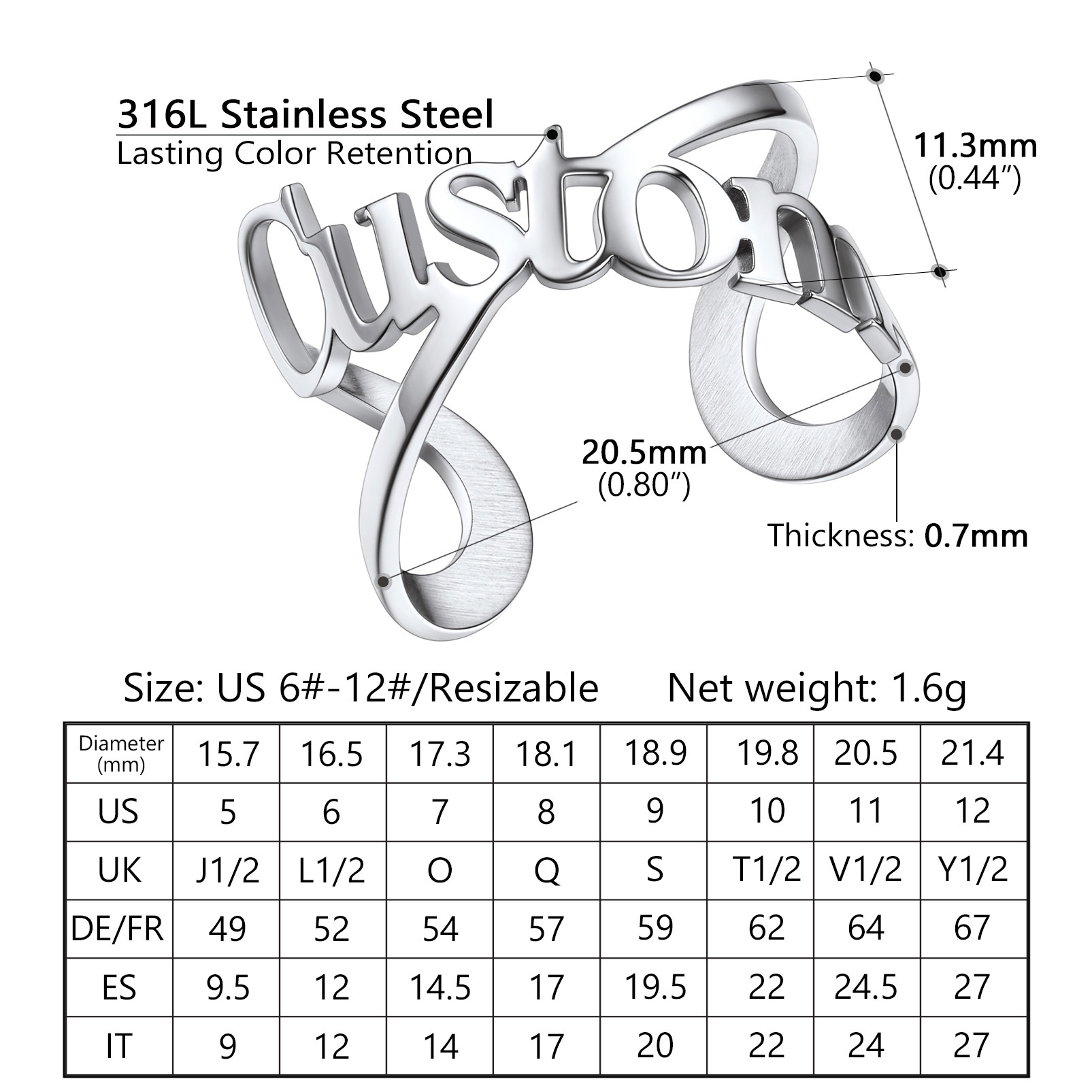 Bague Personnalisée Ajustable Bijou Mémorial pour Femme Taille