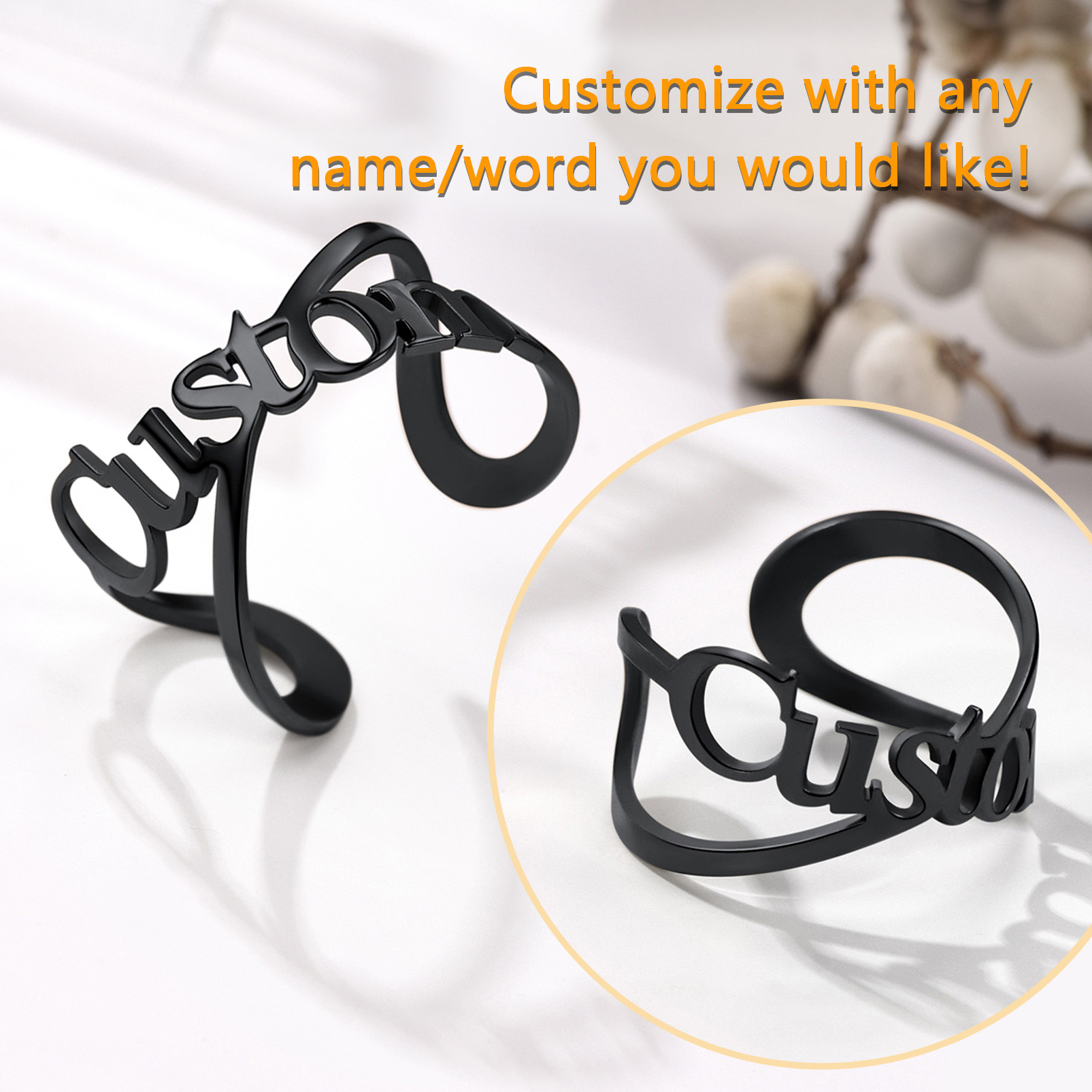 Bague Personnalisée Ajustable Bijou Mémorial pour Femme Noir