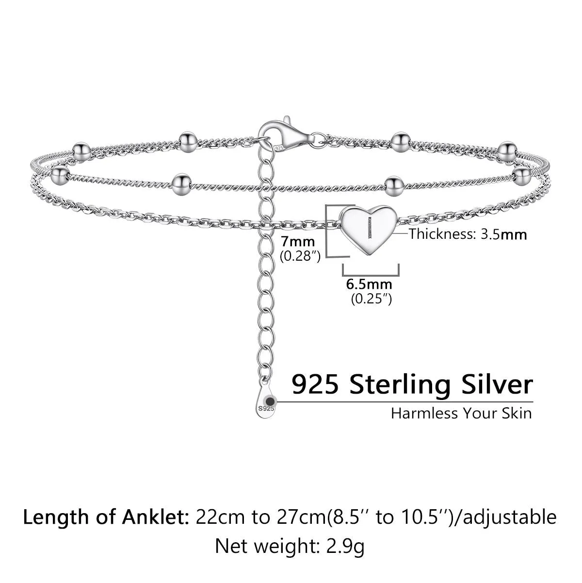 Bracelet de Cheville Personnalisé Cœur Initiale en Argent 925 Taille