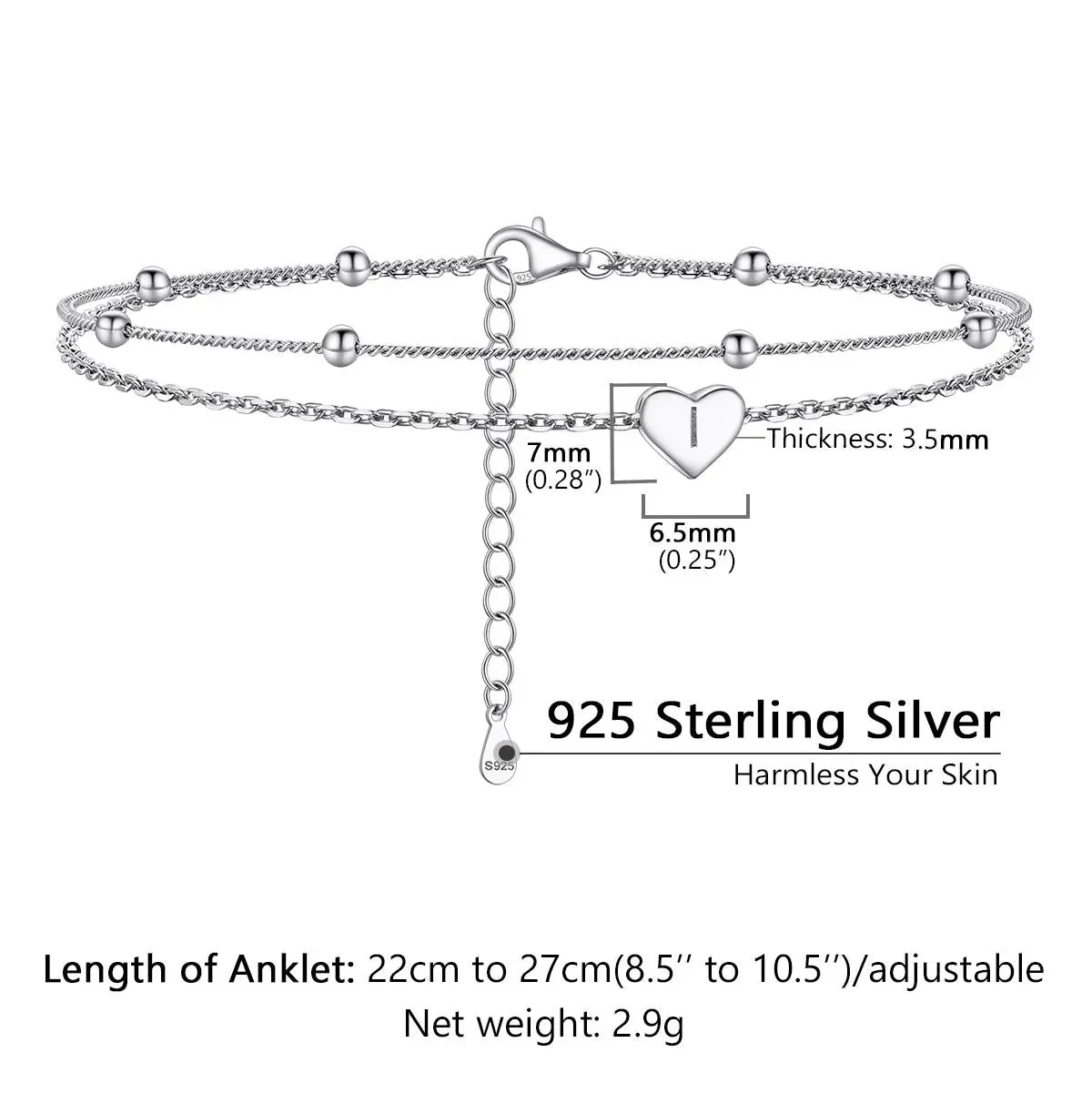 Bracelet de Cheville Personnalisé Cœur Initiale en Argent 925 Taille