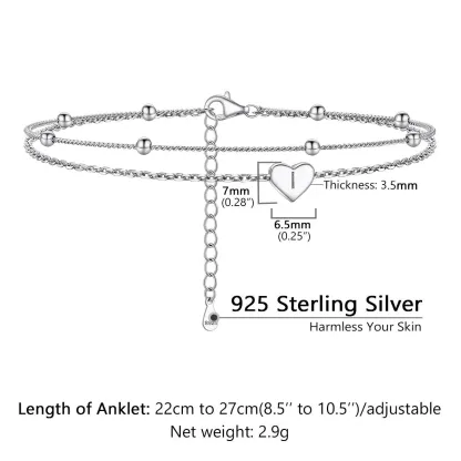 Bracelet de Cheville Personnalisé Cœur Initiale en Argent 925 Taille