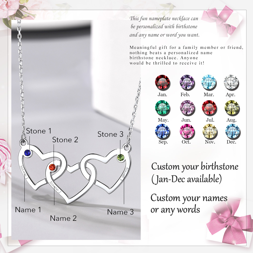 Pendentif Personnalisé Cœur avec Pierres de naissance et Prénoms 