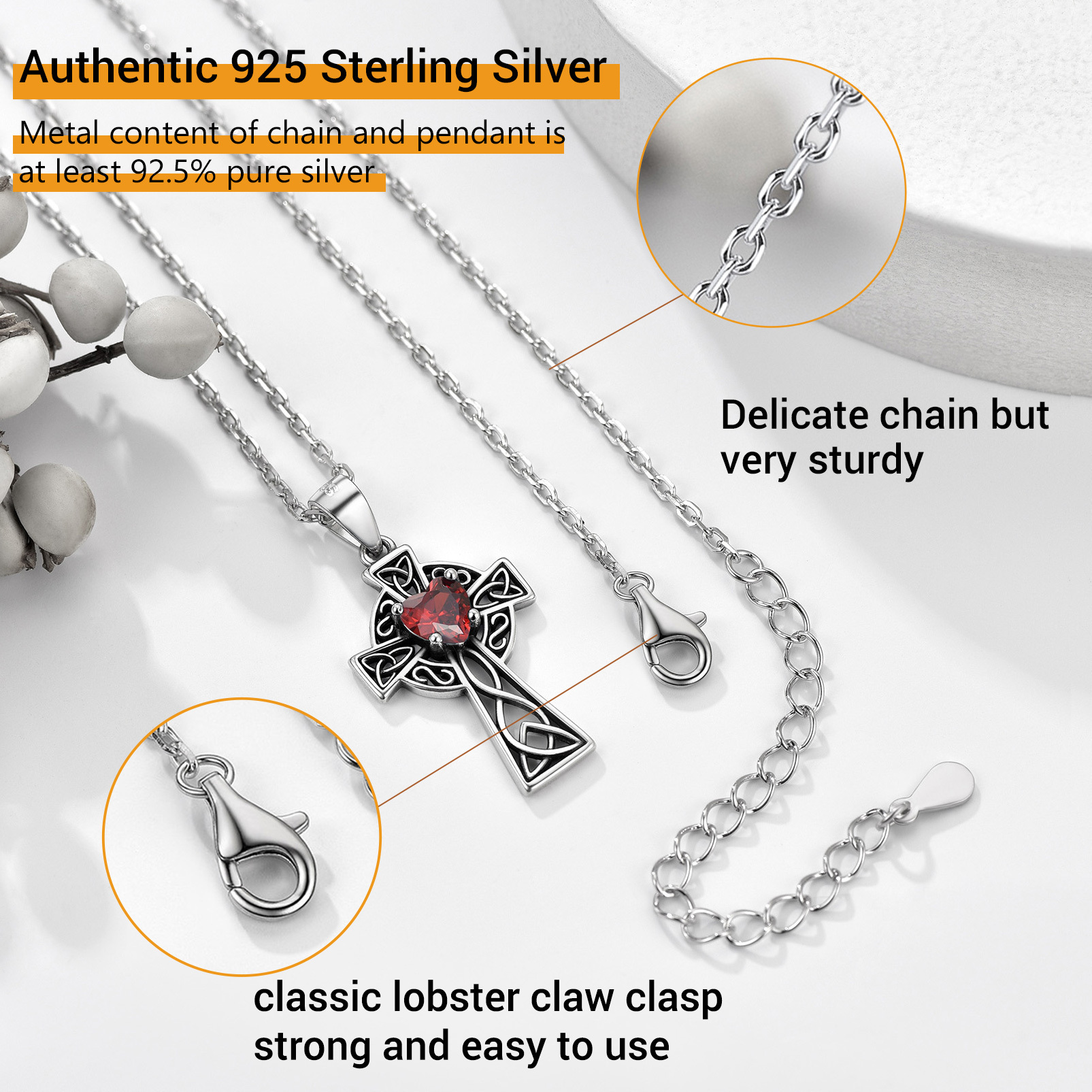 Collier Croix en Argent Sterling avec Pierre de Naissance Détail