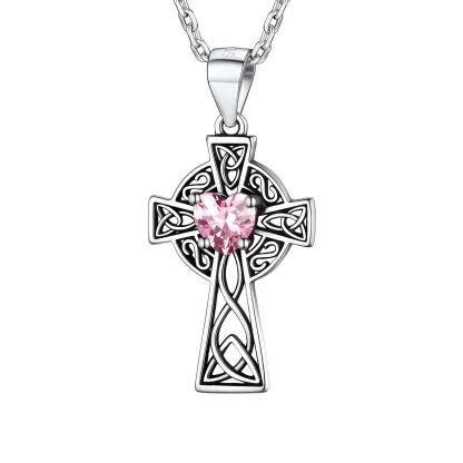 Collier Croix en Argent Sterling avec Pierre de Naissance pour Femme Octobre - Tourmaline
