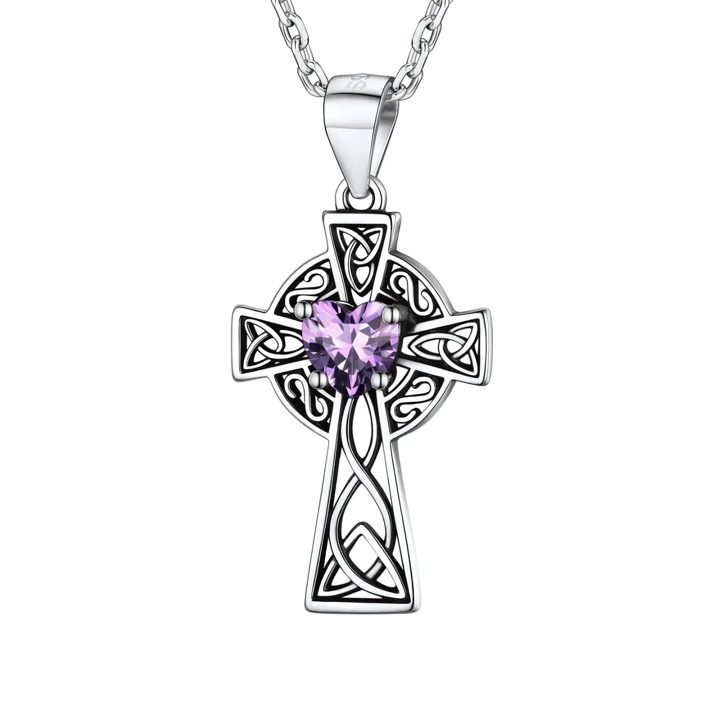 Collier Croix en Argent Sterling avec Pierre de Naissance pour Femme Février - Améthyste