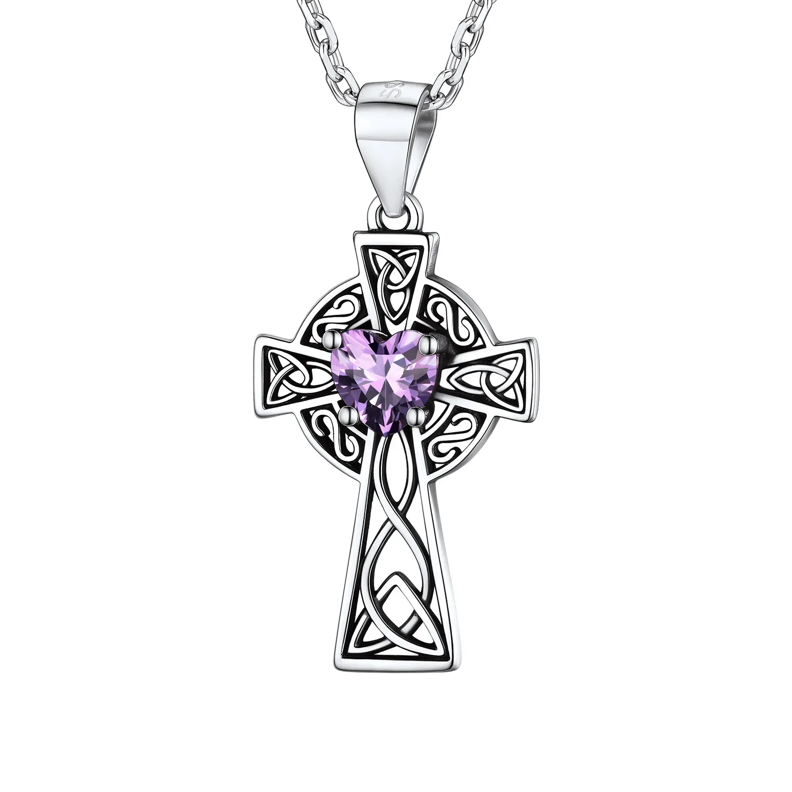Collier Croix en Argent Sterling avec Pierre de Naissance pour Femme Février - Améthyste