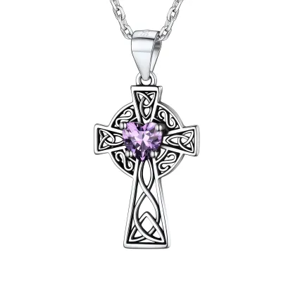 Collier Croix en Argent Sterling avec Pierre de Naissance pour Femme Février - Améthyste