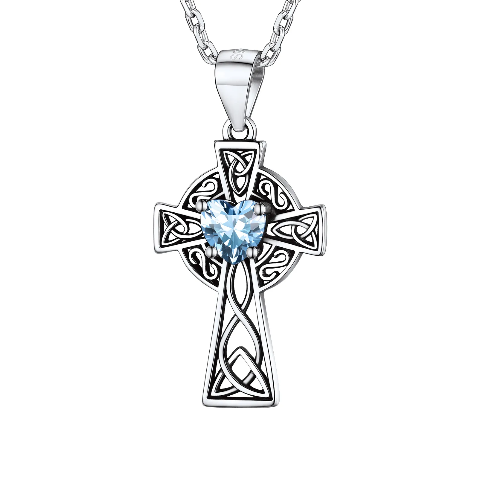 Collier Croix en Argent Sterling avec Pierre de Naissance pour Femme Mars - Aiguemarine
