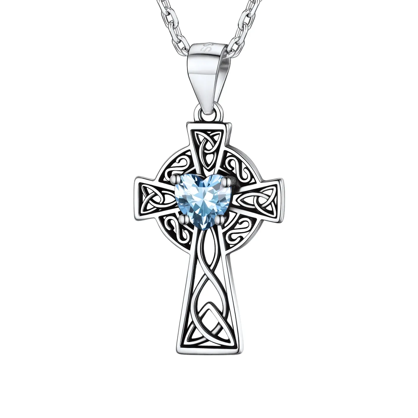 Collier Croix en Argent Sterling avec Pierre de Naissance pour Femme Mars - Aiguemarine