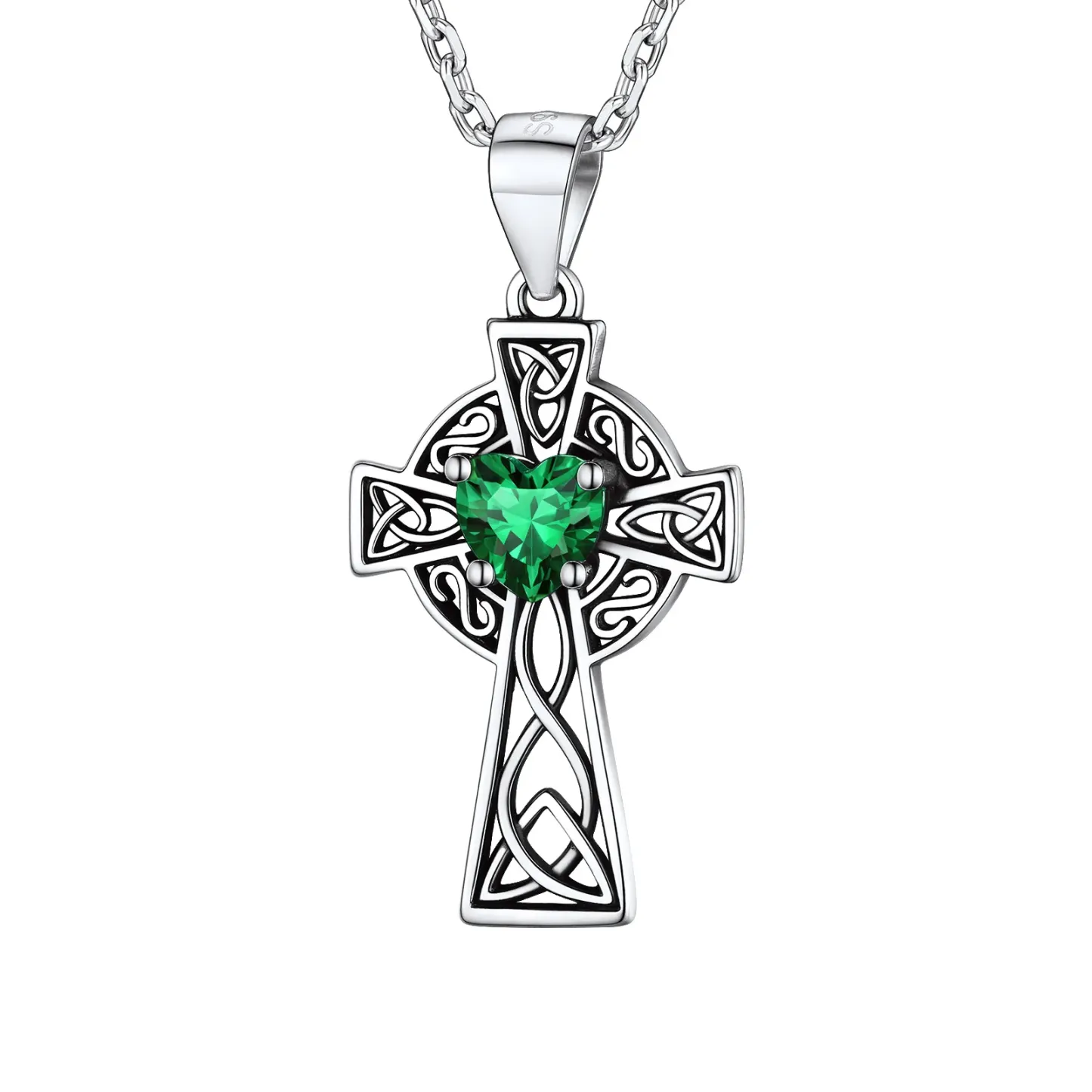 Collier Croix en Argent Sterling avec Pierre de Naissance pour Femme Mai - Emeraude
